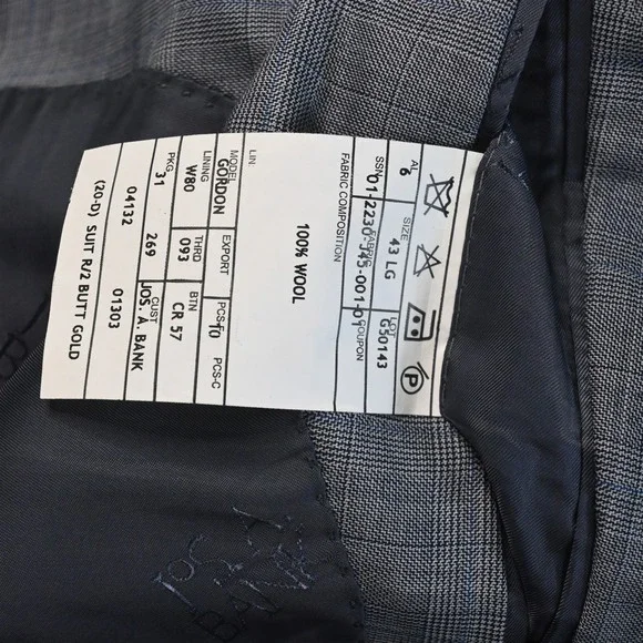 Jos A Bank 43L 36x34 Light Blue Glenn Check 100% Wool Gordon Mens Suit